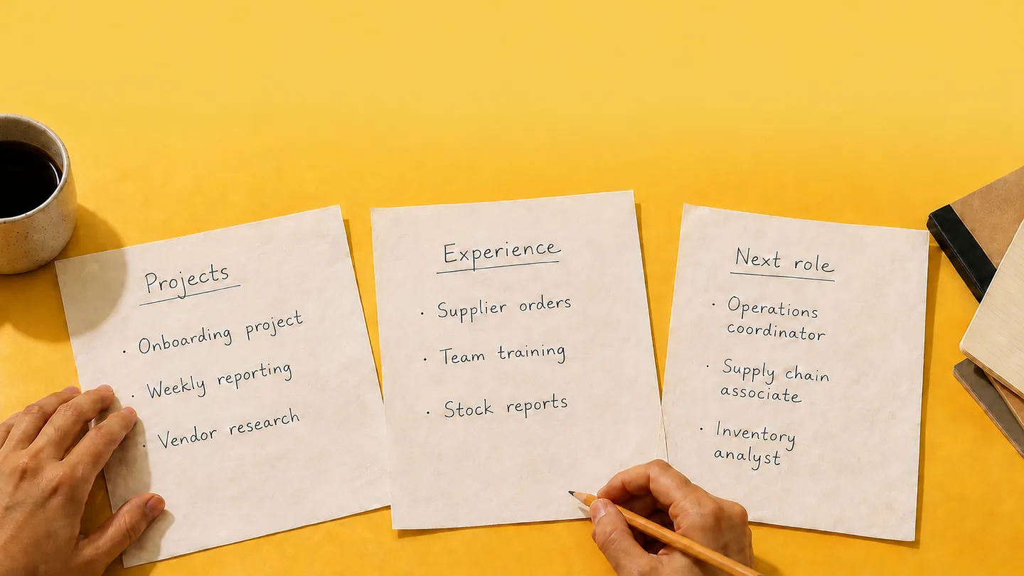 Hands arranging notes about projects, experience and a next role on a yellow desk.